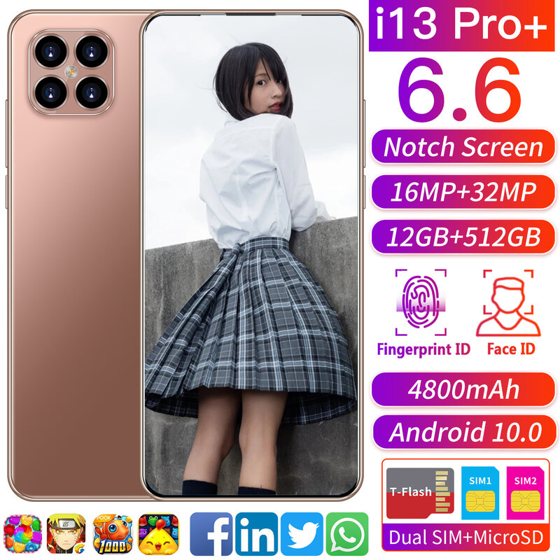Hot Sale Smartphone I13 Pro Global Version 6.6 Inch 12GB 512GB 4800mAh Battery Snapdragon 888 16MP 32MP Camera Face ID Cellphone