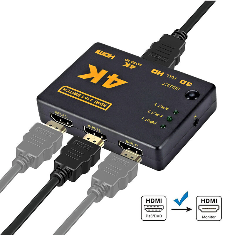 Interruptor Compatible con HDMI, Selector divisor de 3 puertos 4K x 2K, 3 en 1, caja de Hub de salida + conmutador automático remoto 1080P HD para PS3, HDTV, PC y portátil