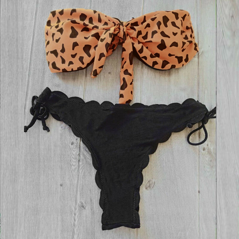 Bikini de playa para mujer, bañador Sexy con lazo frontal sin tirantes, traje de baño de leopardo con Push-Up, traje de baño de lazo con volantes y Tanga 2021