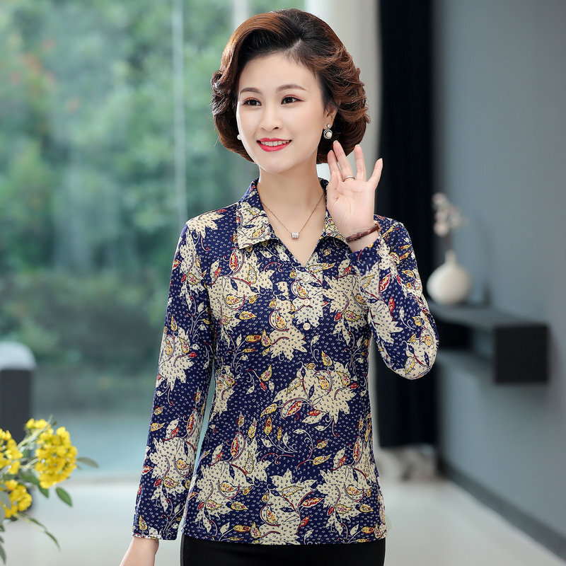 Women Flower Blouse Autumn Johnny Collar Long Sleeve Tops Mature Woman Casual Daily Clothes Red Blue Blouses Mother 2021