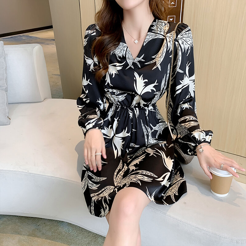 Hebe&Eos Autumn Vintage French Style Dress With Floral Pattern Long Sleeve V-neck Mini Dress Slim Waist Elegant Casual Dresses