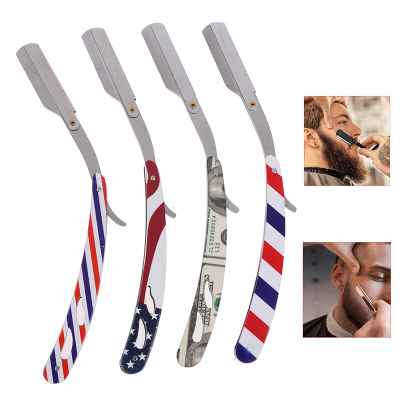 Barbeador clássico masculino, retrô, lâmina de barbear, suporte de aço inoxidável com alça reta, barbeador, suporte de lâmina de barbear dobrável