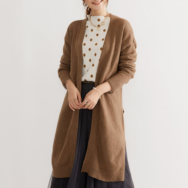여성 니트 스웨터 가을 새로운 스트레이트 긴 솔리드 컬러 카디 건 일본어 한국어 스타일 패션 사무실 레이디 옷 2021