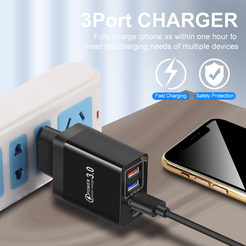 Chargeur USB type-c 20W PD Quick Charge 3.0 pour téléphone portable, compatible avec Xiaomi, iPhone, Samsung