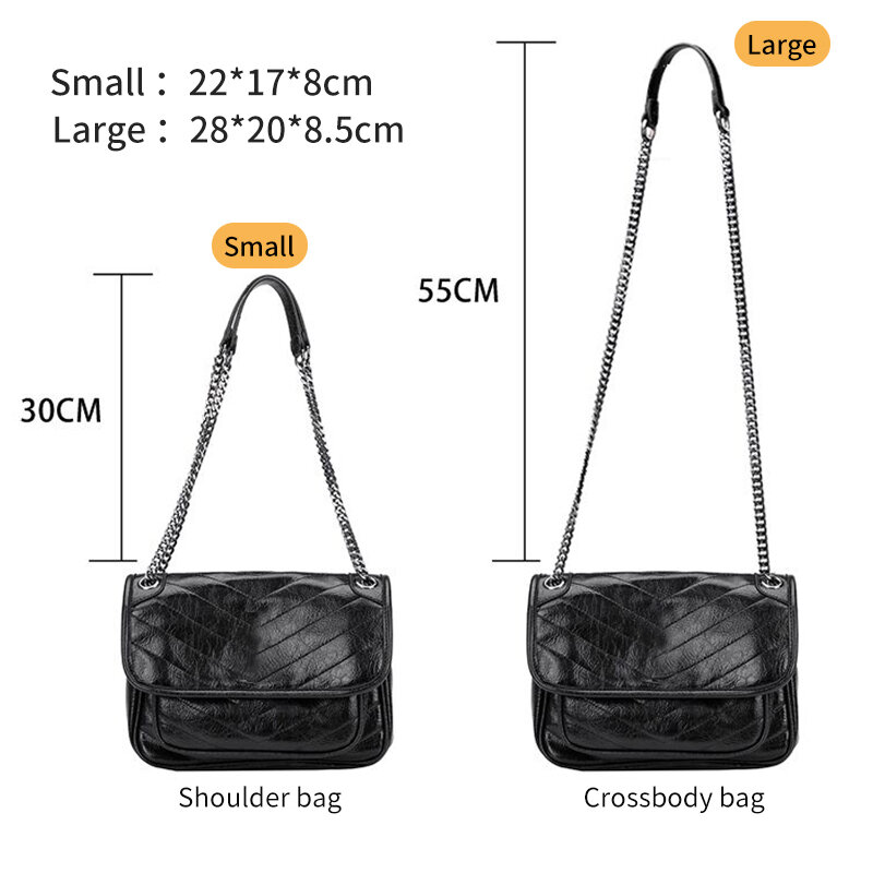 Women's Chain Leather Fold Single Shoulder Large Capacity Messenger Bag Oil Wax Leather Stray Postman Bag