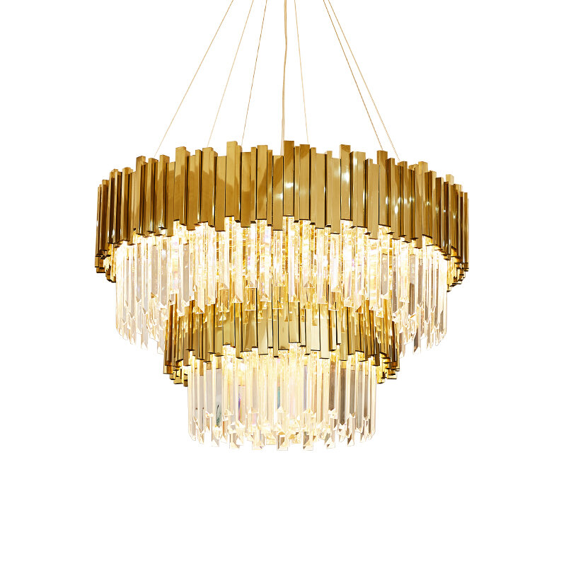 Lámpara LED de cristal de acero inoxidable, luminaria de suspensión de brillo, redonda, postmoderna, dorada, para comedor