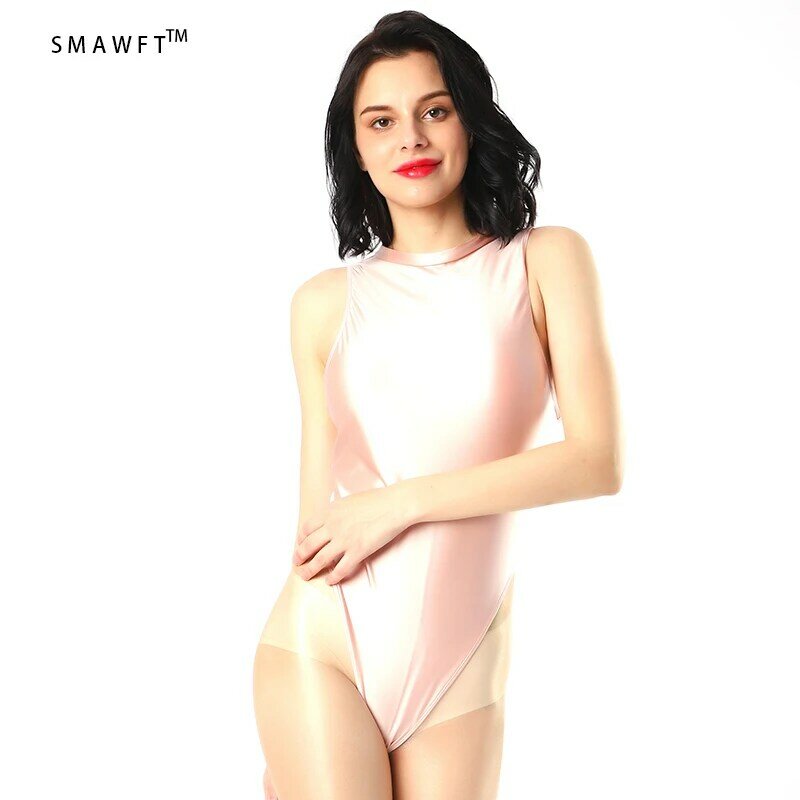 DROZENO 2020 Warna Solid Tinggi-Cut Celana Ketat One Piece Swimsuit Sexy Satin Mengkilap Mandi Suit Glitter Jumpsuit 2020