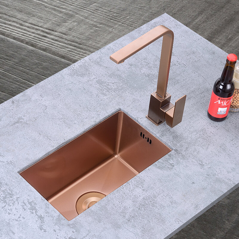 Rose Gold Kitchen Small Sink Balcony Household Small Sink Mini Single Slot Kitchen Sink Undermount Stainless Sinks Set 26x38cm