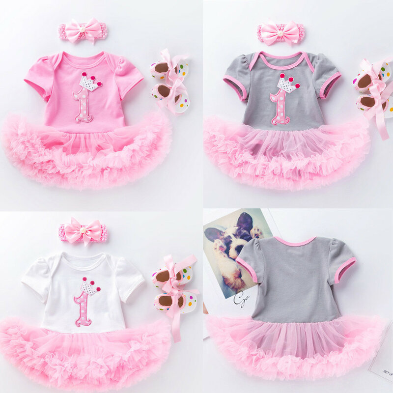 Newborn Toddler Baby Girls Clothes Sets Baby Girls Birthday Letter Romper Tulle Dress Princess Shoes 3PC Infant Clothing