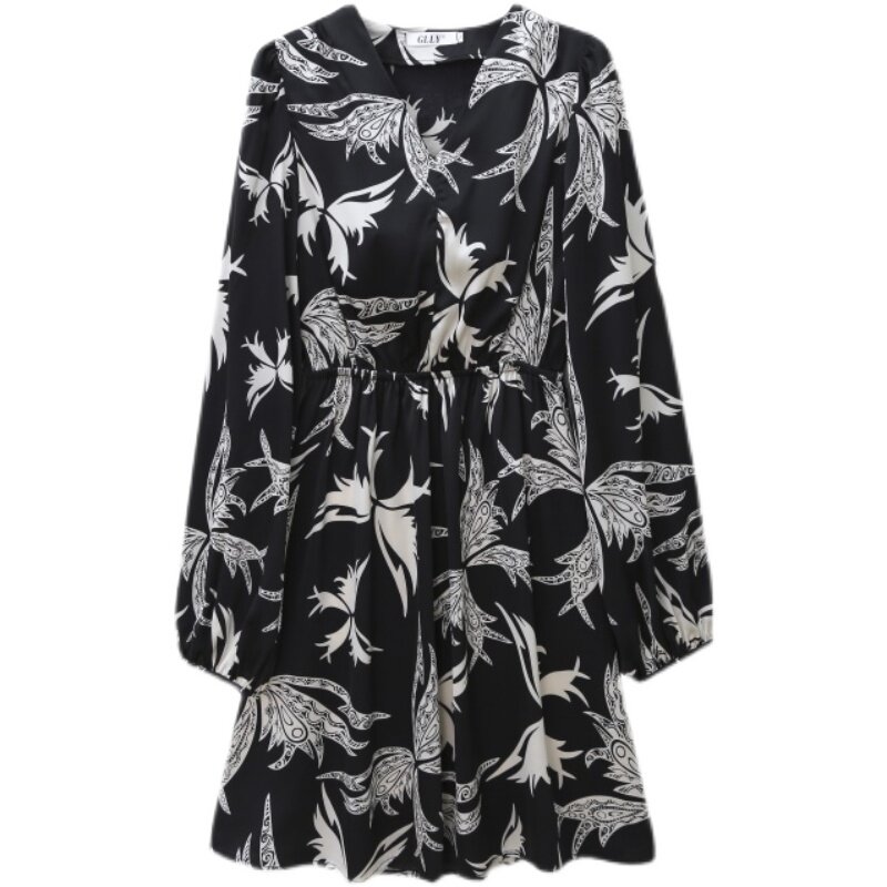 Hebe & Eos Herbst Vintage Französisch Stil Kleid Mit Blumenmuster Langarm V-ausschnitt Mini Kleid Schlanke Taille Elegante Casual kleider