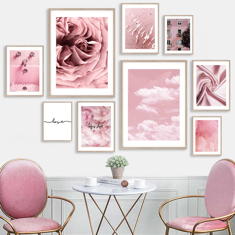 Картина на холсте с изображением розового неба, перьев, Рисового домика, постеры и принты в скандинавском стиле, настенные картины для декор...