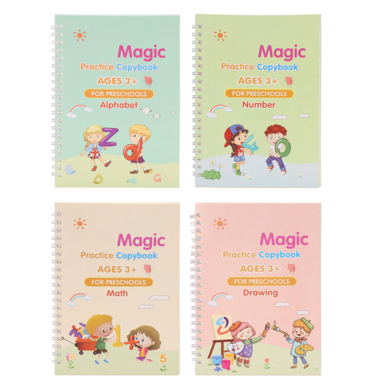4 livros/conjuntos de livros mágicos infantis, cadernos de caligrafia 3d reutilizáveis, livros de prática mágica de letras em inglês