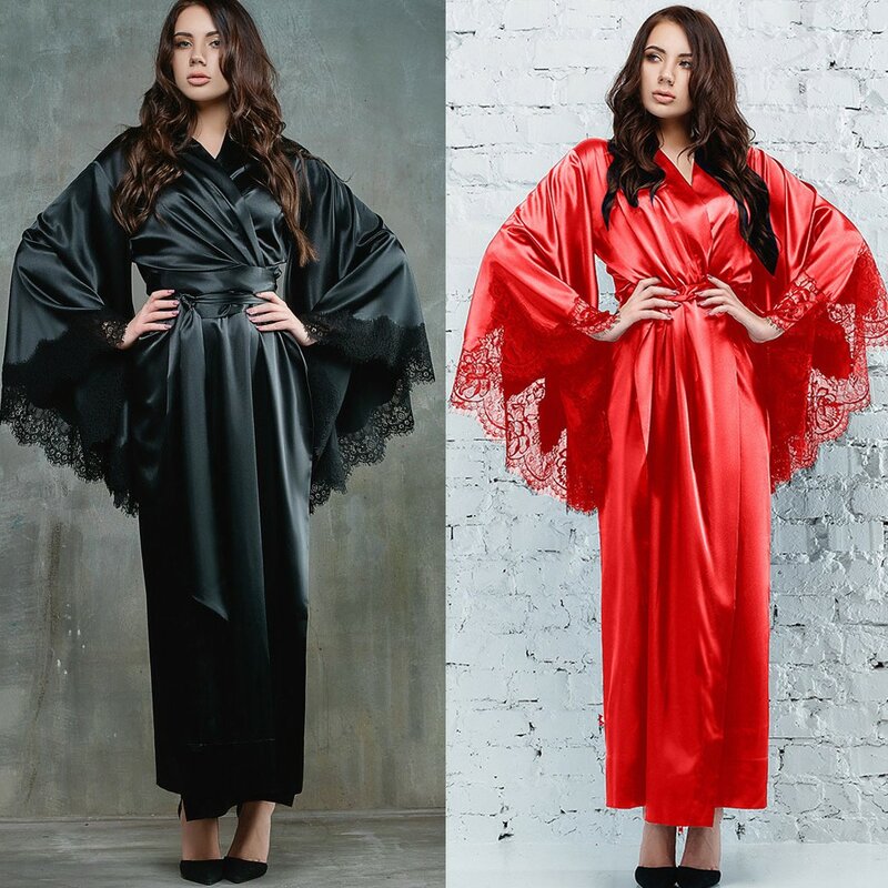 Kimono de satén de encaje para mujer, camisón largo, bata de baño Sexy con cinturón, a la moda sexy ropa de dormir, color negro, novedad de verano 2019