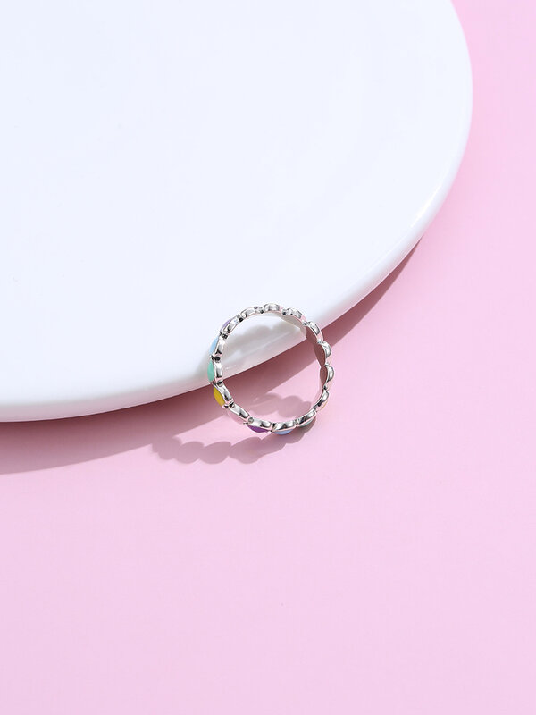 LEKANI Cincin Jari Hati Pelangi Dapat Ditumpuk Perak Murni 925 Asli untuk Wanita Cincin Pertunangan Romantis Perhiasan Terbaik