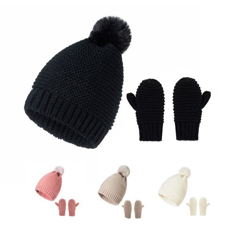 Crianças cor sólida fofo bola chapéu e luvas de duas peças conjunto moda quente tricô lã infantil bonés do bebê headwear foto adereços