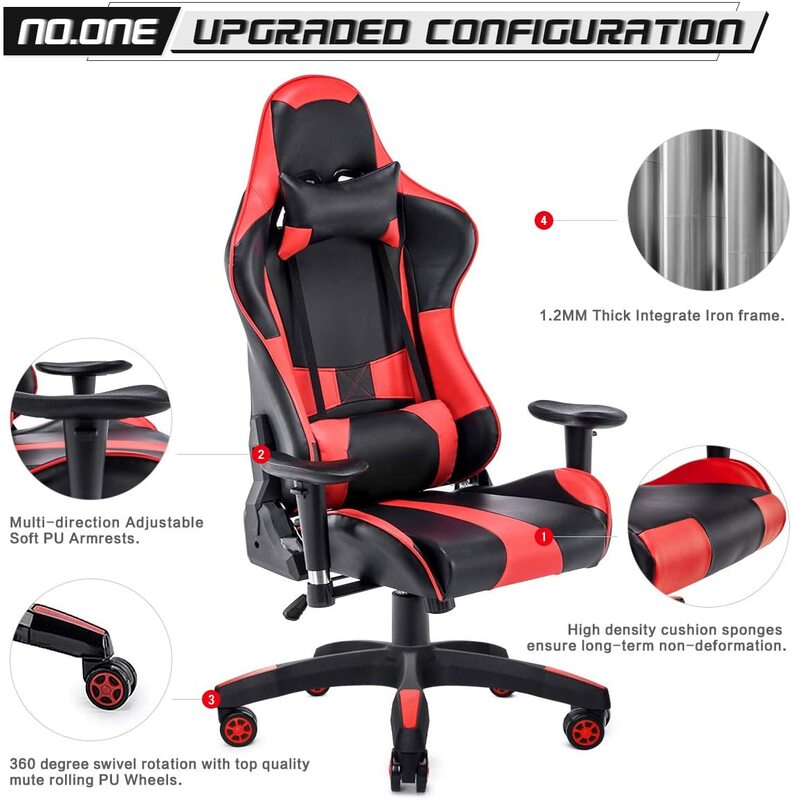 EHOMEBUY – chaise de Gaming ergonomique en cuir PU, à dossier haut, pivotante et réglable sur 180 degrés, inclinable, pour le bureau