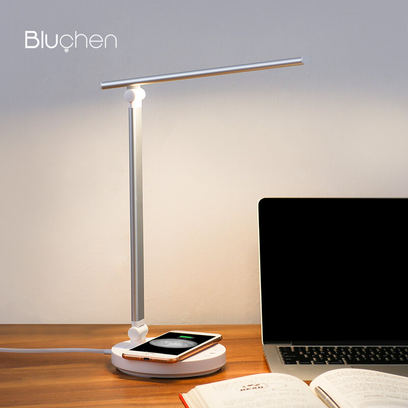 Lâmpada de mesa com telefone carregamento sem fio lâmpada de mesa para o trabalho estudo 3 ajuste temperatura cor escurecimento lâmpada de leitura luz