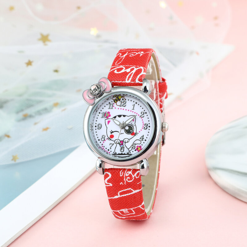 Relógio de pulso infantil gato desenho, relógio analógico elegante rosa de couro de diamante para estudantes