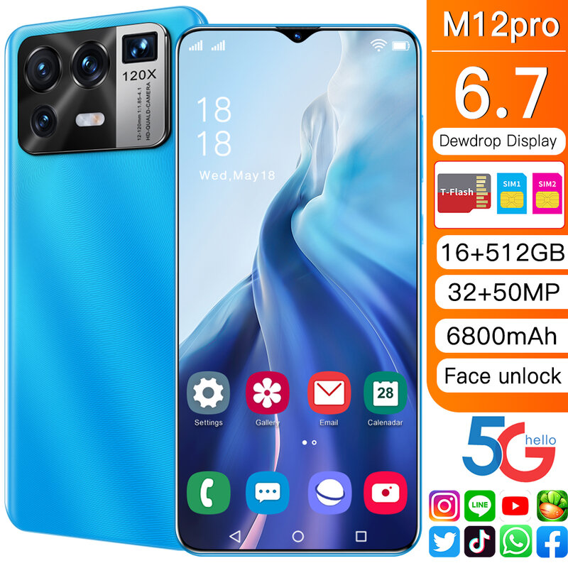 Versione globale vendita calda M12 Pro Smartphone 16GB 512GB Android11.0 32MP 50MP 6800mAh batteria MTK6889 Face ID Finger Print
