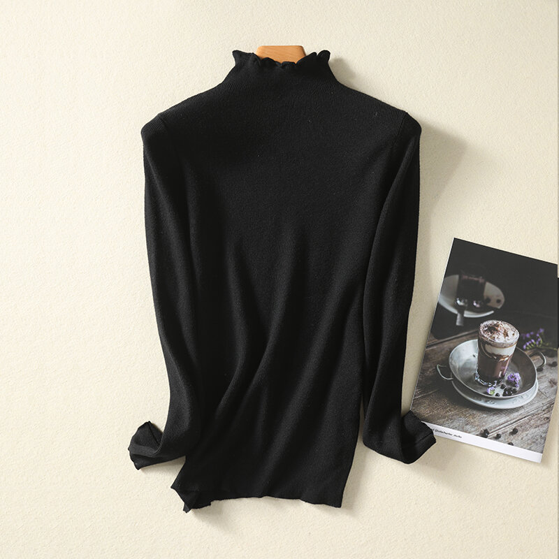 Suéter delgado de Color sólido para mujer, jersey de manga larga con cuello redondo, camisa de punto, novedad, otoño e invierno, 21