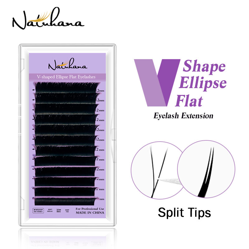NATUHANA V-shaped Ellipse Flat Mink Eyelash Extension Premade Volume Split Tips Auto-Fans 2D Eyelashes Natural Soft False Lashes
