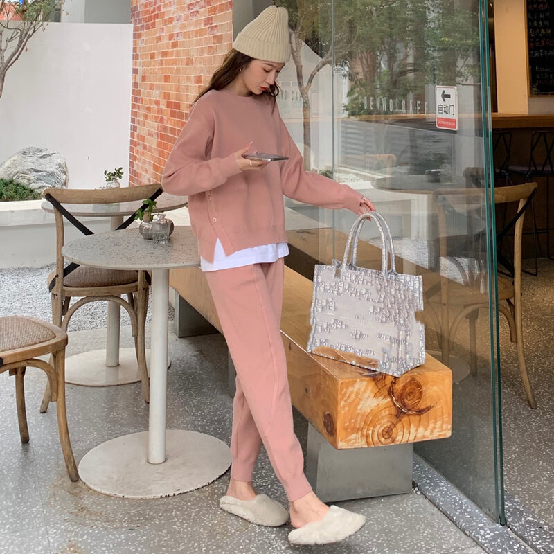 Chic Women Sweater Pullovers & Elastic Waist Harem Pants Autumn Winter Female 2 Pieces Knitted Set