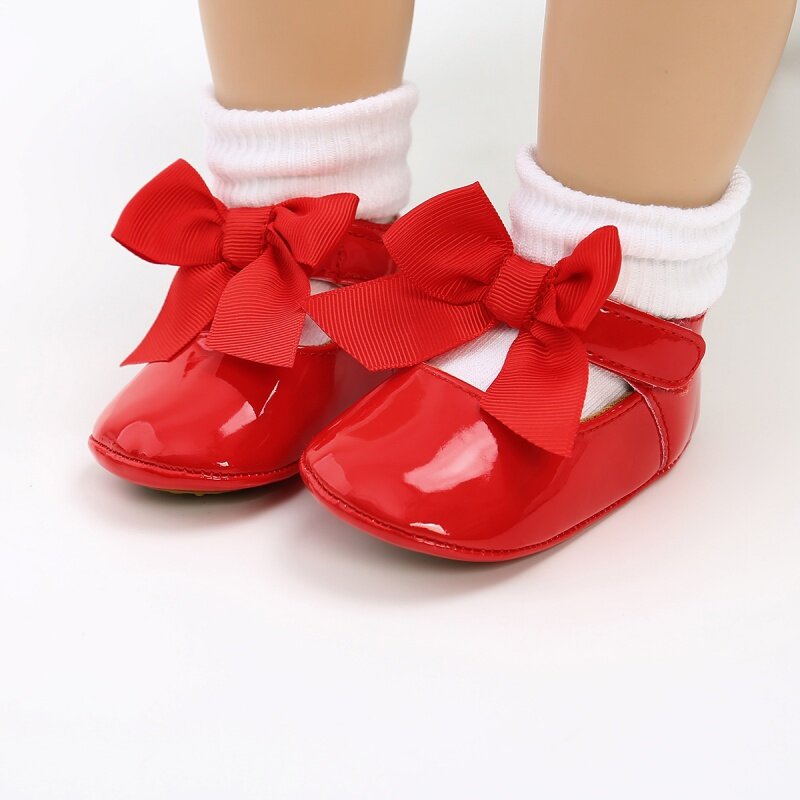 Herfst Meisje Anti-Slip Toevallige Babyschoenen Zachte Zolen Boog Princes Kerst Schoenen Hoofdbanden Sokken Set Wieg Schoenen 0-18M