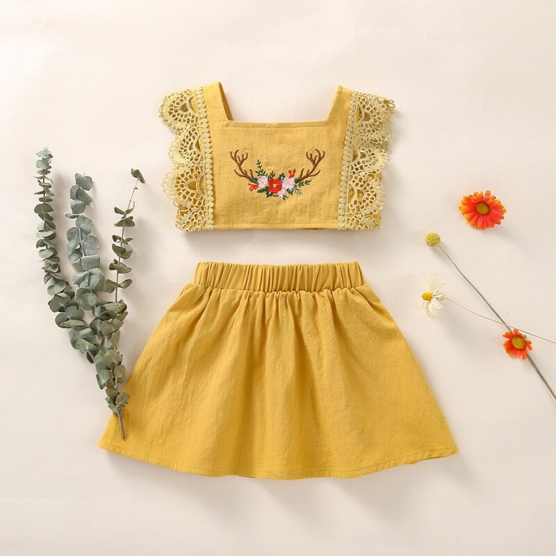 Baywell Toddler Baby Girl Pretty Skirt Outfits Set Infant Kids Girl Flower Embroidered Top 2PCS/Set