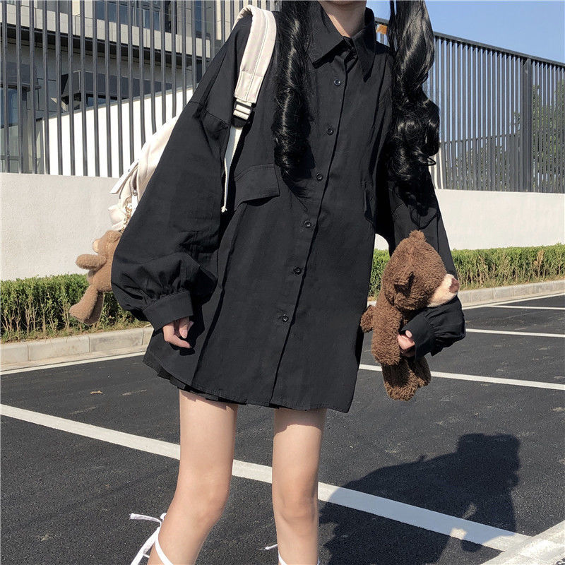 HOUZHOU White Black Shirt Kawaii Harajuku Long Lantern Sleeves Oversize Korean Style Button Up Blouses Women Casual Dropshipping