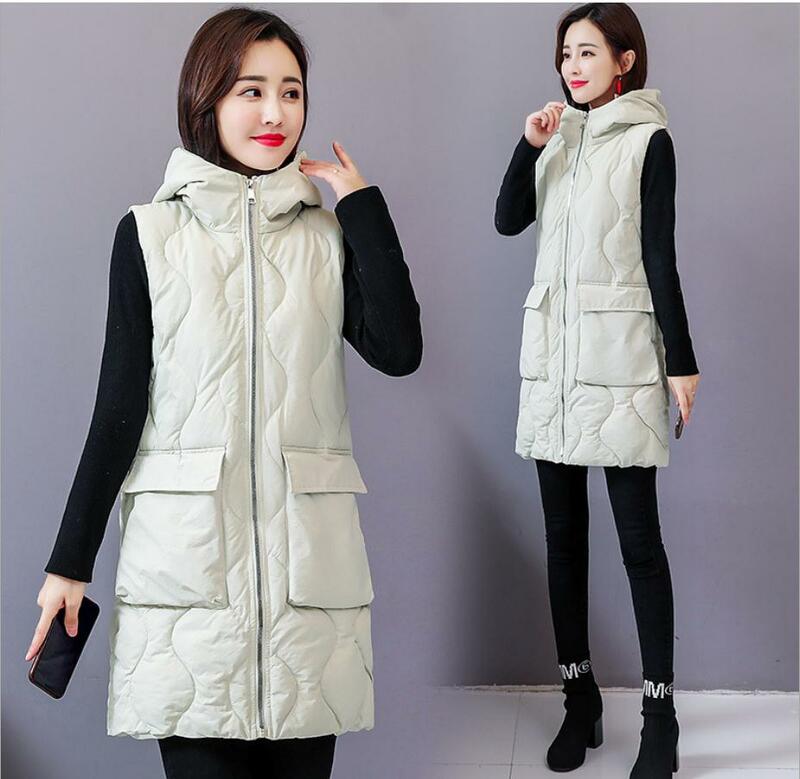 Colete feminino de algodão com capuz, seção longa para primavera e outono, tamanhos grandes, casaco feminino de inverno kconduzido, m/6xg