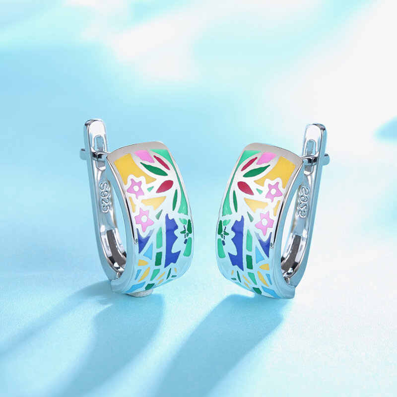 Sunshine Girl Style Colorful Flower and Grass Stud Earrings for Women Authentic 925 Sterling Silver Party Jewelry OGULEE Enamel