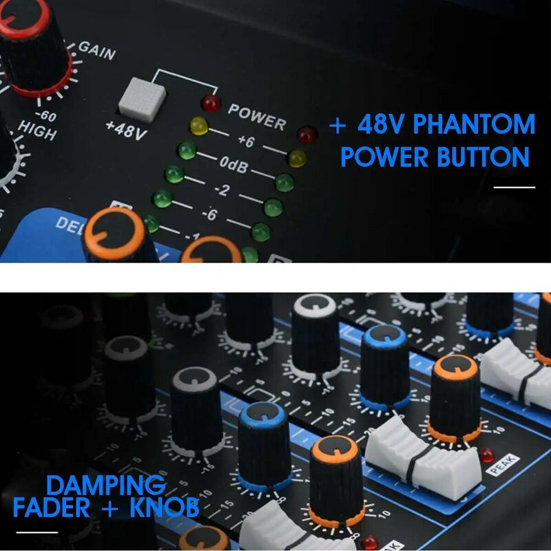 Wireless 7 Channel Audio Mixer Portable Sound Mixing Console USB Interface Computer Input 48V Phantom Power Monitor for Input