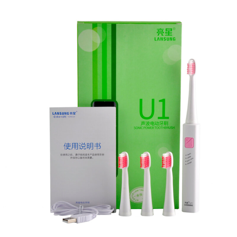 LANSUNG-cepillo de dientes ultrasónico, recargable por USB, con cabezales de repuesto, temporizador, 4 Uds.