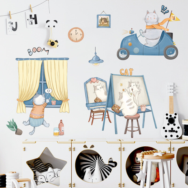 Pegatinas de pared de gato de dibujos animados para Calcomanía para habitación de niños, papel tapiz de mariposa, Gato bonito, decoración del hogar, pegatinas de inodoro, pegatina de decoración para dormitorio