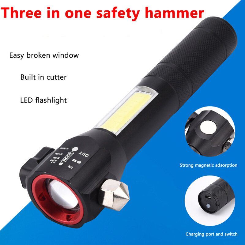 USB Rechargeable Flashlights with Safety Hammer COB Side Lamp Emergency Multifunction Outdoor Lighting Torches