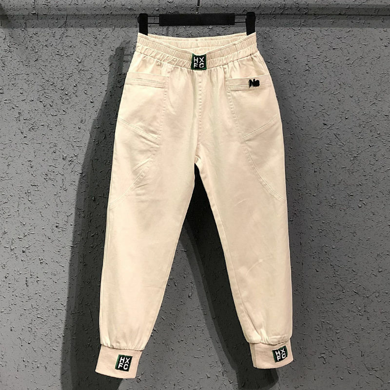 Nova chegada primavera verão coréia moda feminina cintura elástica solta jeans branco tudo combinado casual algodão denim harem calças s982