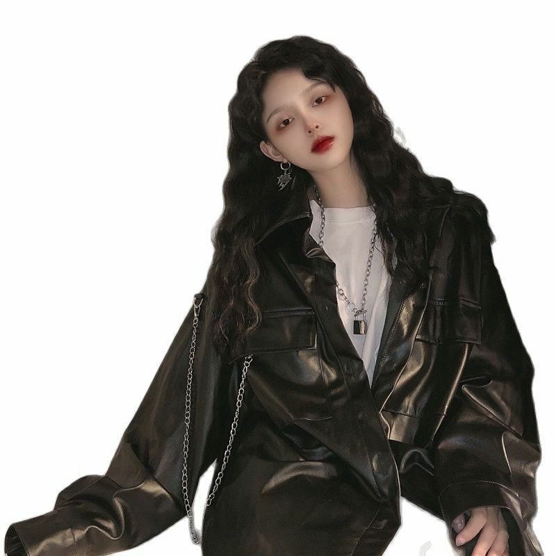 ญี่ปุ่น Casual ผู้หญิงหลวมหนัง Moto แจ็คเก็ต Outerwear สไตล์เกาหลี High Street เสื้อ Chic Streetwear เสื้อแขนยาวสีดำเสื้อ