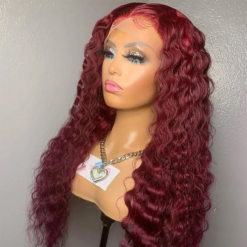 26 Inch  Long Burgundy Curly Synthetic Lace Front Wigs For Women With Baby Hair Glueless Heat Resistant Fiber Wig 180% Density