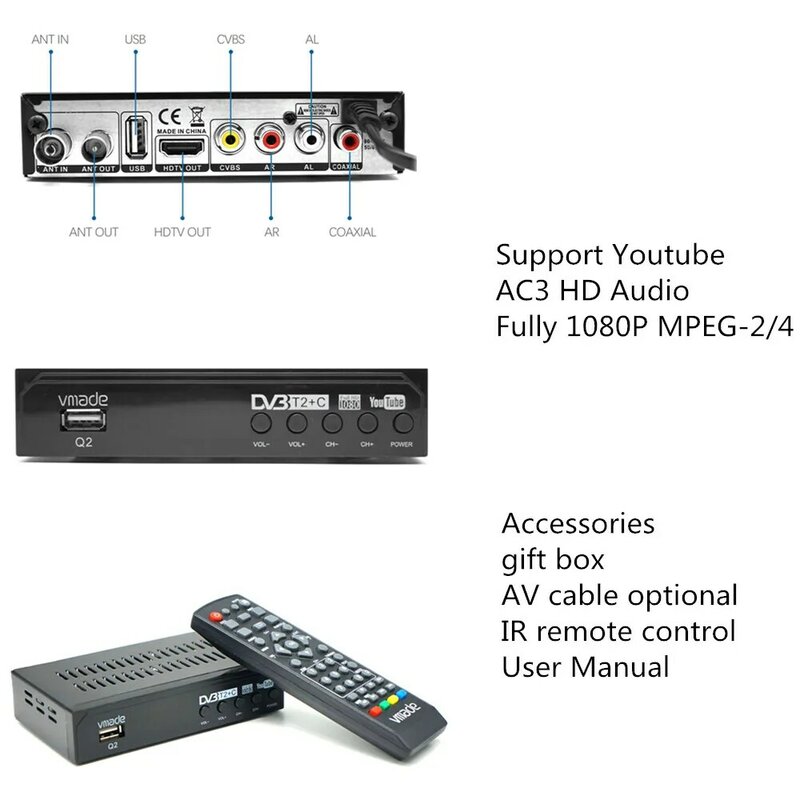 DVB-T2 DVB-C Digital TV Tuner Receiver WIFI 1080P HD Decoder TV Box DVB-T M3U H.264 Youtube TV Reseptor Bahasa Rusia set Top Box
