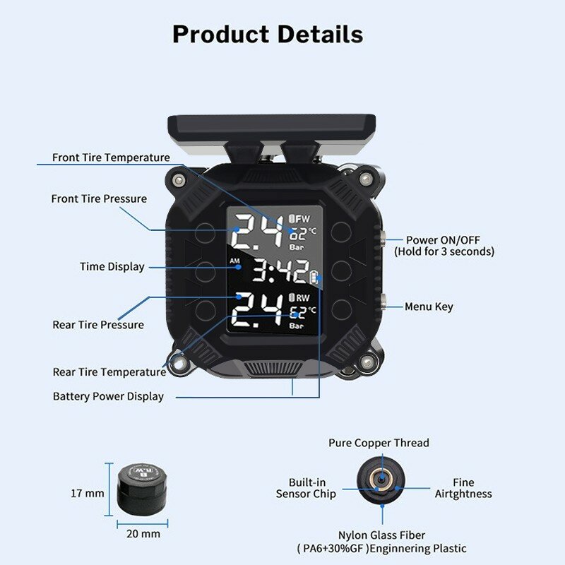Lcd Digitale Display Tpms Alarm Motorfiets Bandenspanningscontrole Draadloze Hoge Precisie Elektrische Detector Met Externe Sensoren
