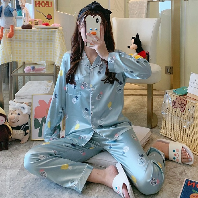 Pijamas para mulher com decote em v design estampado sleepwear seda como roupas de casa sexy pijamas tamanho grande conjunto de pijama loungewear