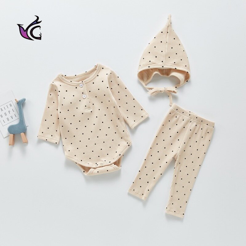 Yg Autumn Baby Climbing Suit 0-2 anni abito Dot bottom Khaki + Leggings + cappello Set di tre pezzi