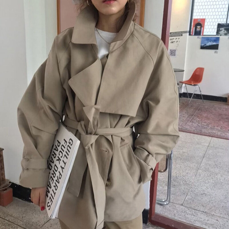 Gabardina estilo Retro francés británico para mujer, chaqueta cortavientos de manga larga con solapa lisa de doble botonadura, holgada e informal, otoño