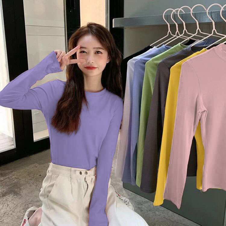 Solid Color Long-Sleeved T-shirt Women's Spring/Autumn/Winter Korean Thin Inner Match Base Shirt Western Style Student