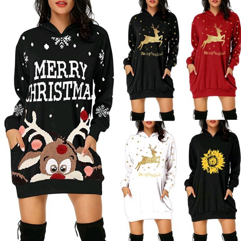 Mode Pullover Weihnachten Mit Kapuze Sweatshirts Frauen Nette Beiläufige Lange Hülse Sweatshirt mit Kapuze Dame Lose Druck Anime Hoodie