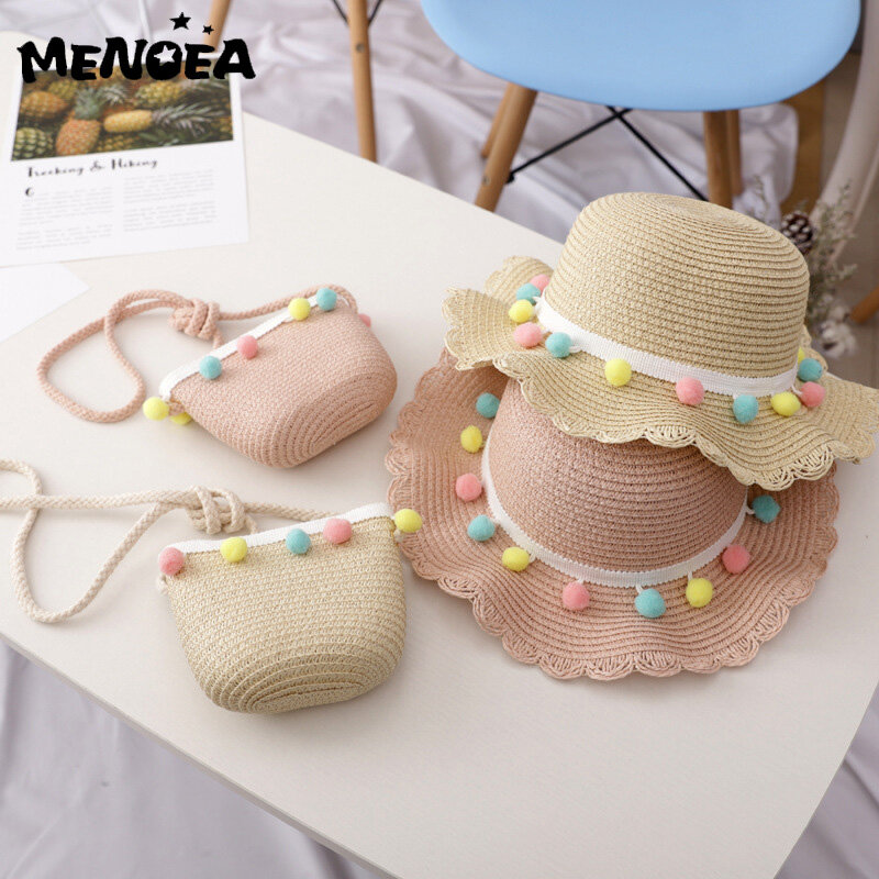 Menoea шляпа для девочек, летняя пляжная кепка, дышащая Соломенная шляпка с разноцветными шариками, милая шляпа принцессы, пляжная шляпа с сумк...