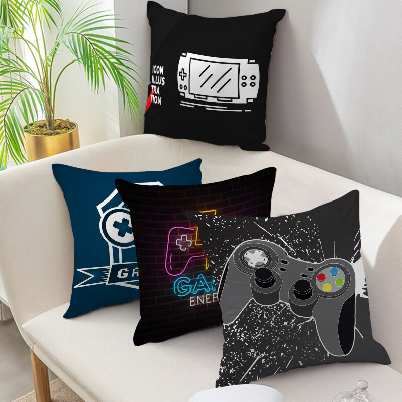 Capa de almofadas decorativas pretas, desenho animado, controle de videogame, travesseiros, capa de almofada de assento de carro, decoração de casa