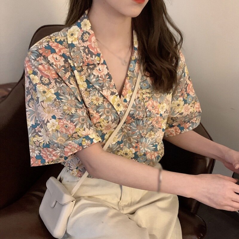 Efinny blusas femininas estilo coreano casual solto manga curta camisa feminina floral impresso blusa chiffon verão