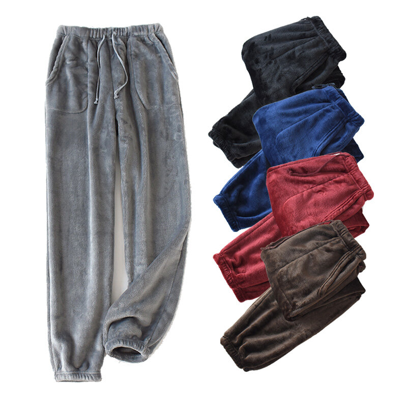 Calças de inverno masculinas de pelúcia, pijama casual de bolso, cintura alta, calças soltas, calças de casa de veludo, coral, flanela, roupas de dormir masculinas