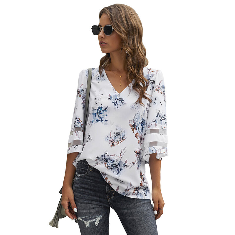 Blusa femenina de Chifón con media manga para verano, camisa con estampado Floral de talla grande para mujer, para playa, camisas de trabajo de oficina